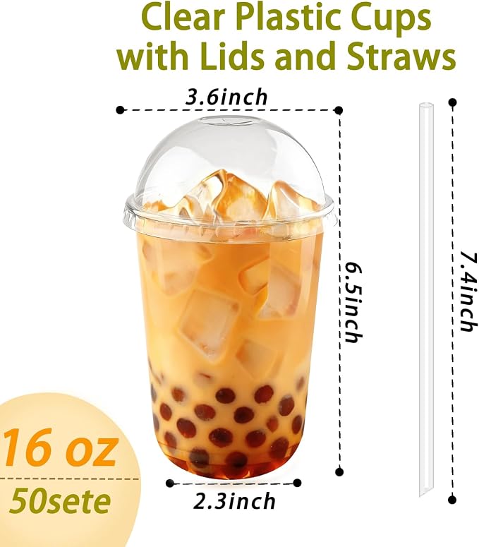 Qsqwsuye 50 Set 16oz Disposable Clear Plastic Cup with Lids and Straws, Sturdy & Food Safe Iced Coffee Cups, Plastic Cold Drinks Cups for Smoothie, Milk Tea, Assorted Beverages Party Supplies
