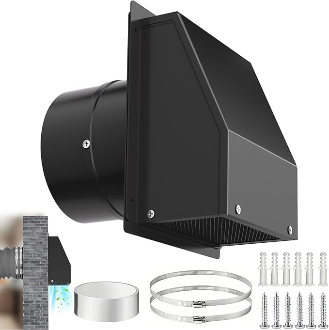8 Inch Hooded Wall Vent with Screen and Damper, Outdoor Wall Exhaust Vent Cover Cap Kit for Exterior Kitchen Range Hood Bathroom Ventilation Dryer HVAC Duct Air Exhaust Vents, Galvanized Steel, Black