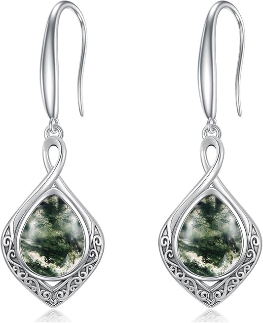 PELOVNY Celtic Knot Filigree Earrings for Women 925 Sterling Silver Moss Agate/Birthstone Infinity Earrings Birthday Christmas Jewelry Gifts for Mom Daughter Wife Sister