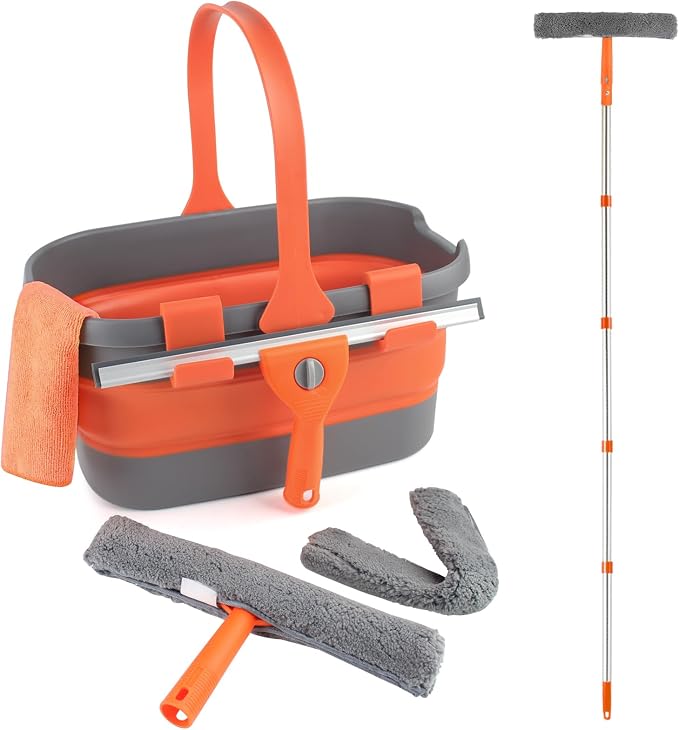 Window Cleaning Kit with Collapsible Bucket 3 Gallon, 14" Window Squeegee and 15" Scrubber with 61" Long Handle, Professional Window Washing Kit Cleaner Tool for Home Outdoor Office Commercial Use