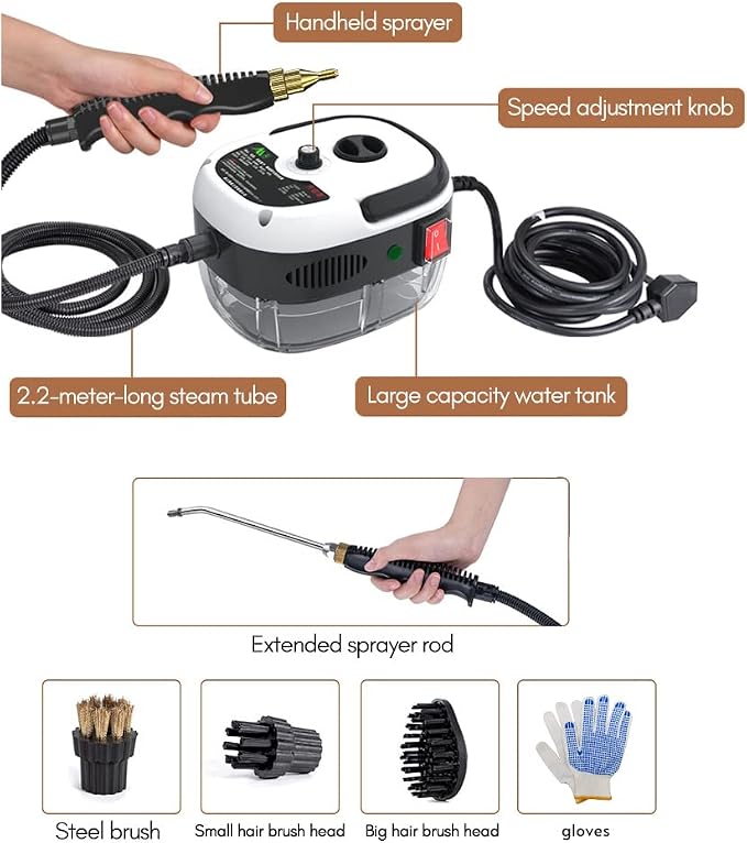 Decdeal Handheld Steam Cleaner Pressurized with Brush Heads and Gloves | High Temperature Pressurized Cleaning Machine for Car Floors Kitchen Furniture Bathroom Windows