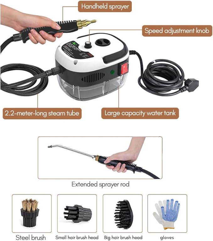 Decdeal Handheld Steam Cleaner Pressurized with Brush Heads and Gloves | High Temperature Pressurized Cleaning Machine for Car Floors Kitchen Furniture Bathroom Windows