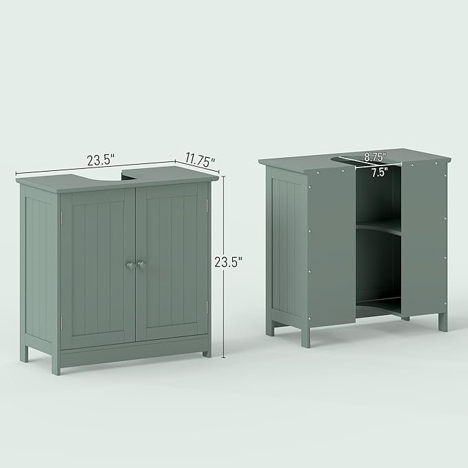 HOMCOM Under Sink Bathroom Cabinet, Pedestal Sink Storage Cabinet with 2 Doors, Shelf and U-Shape, Dark Green