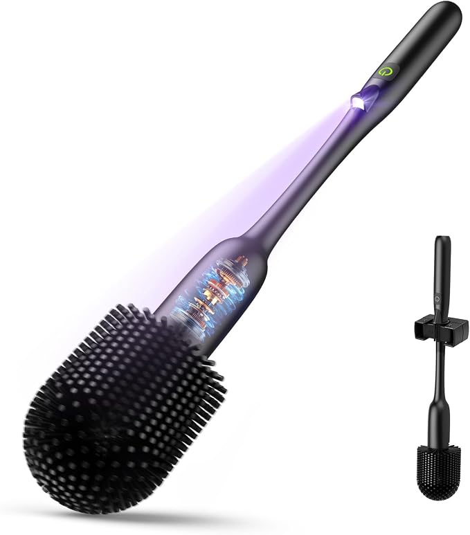 EKZ Electric Toilet Brush with UV Stain Detection, High-Torque Deep Cleaning, Dual-Speed 80/200 RPM, Silicone Brush Head, Wall-Mounted Holder, Type-C Rechargeable, Black