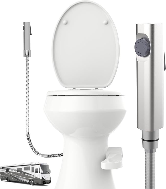 RV Bidet Sprayer, RV Handheld Bidet with Water Hose & RV Fitting, Wall-Mount Toilet Sprayer for Motorhomes, Fifth Wheels, Trailers & Campers Toilet (Brushed)