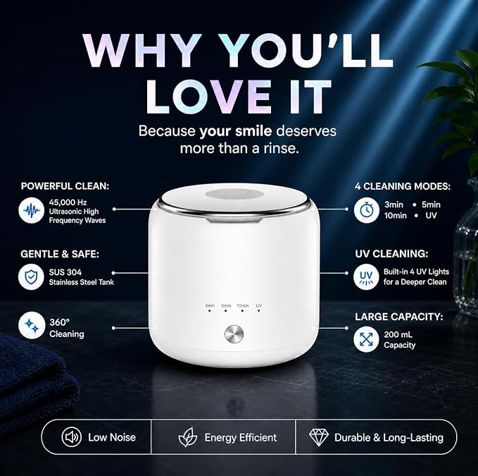 Ultrasonic Retainer Cleaner Machine, 45kHz Dental Cleaning Pod with 200ML Capacity, Deep Cleaning for Dentures, Aligners, Mouth Guards, Night Guards, Toothbrush, Braces & Jewelry | Ultrasonic Deep Cleaning With UV Lamp