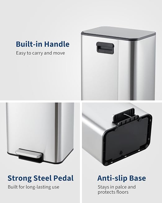 GarveeHome 3.4 Gallon Small Bathroom Trash Can, Stainless Steel Garbage Can with Quiet Soft-Close Lid, Foot Pedal & Removable Inner Bucket for Home, Office, Silver