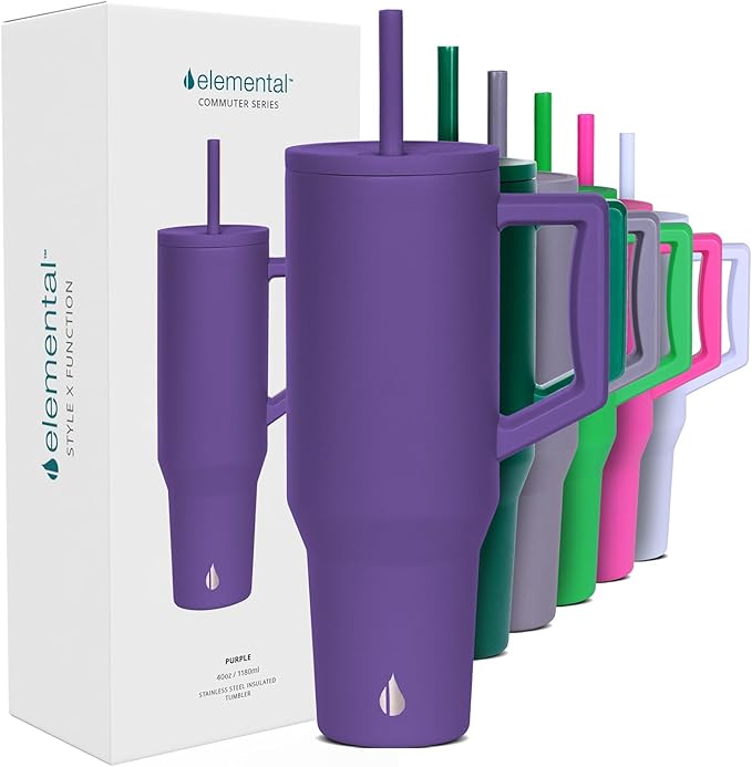 Elemental 40 oz Tumbler with Handle and Straw - Spill Proof Insulated Stainless Steel Commuter for Cold Beverages - Travel Coffee Mug with 2 Straws & Spill Proof Lid - 40oz - Purple