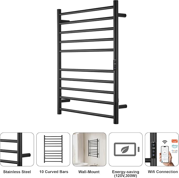 Electric Towel Rack with Voice Control for Alexa & Google Home,TUYA-Wall-Mounted Bathroom Heating Towel Warmer,Stainless Steel Material,31.5x20.08x4.41in,Plug-in,Black,10 Bars