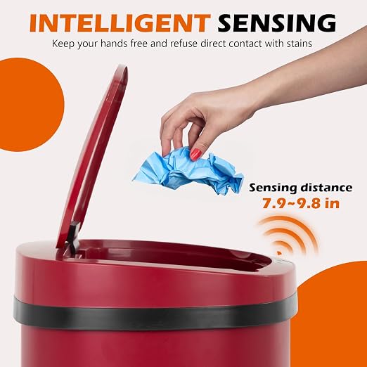 24/7 Shop at Home Freeway 13 Gallon Metal Household Trash Can Motion Sensor Lid for Kitchen, Red