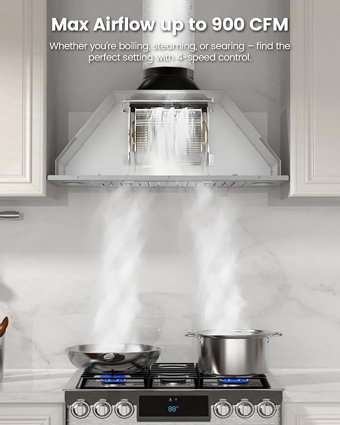 JOCO 36 Inch Range Hood Insert, 900 CFM Stainless Steel Built-In Kitchen Vent Hood, Convertible for Ducted or Ductless Installation, 4-Speed Gesture/Touch/Remote Control, Model B01-36G