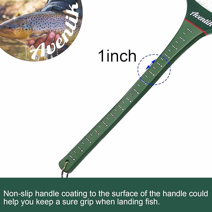Aventik Floating Fly Fishing Net Carbon Fiber Square Landing Net with Accurate Measuring Handle Clear Rubber Ghost Mesh for Professional Trout Fishing Catch & Release