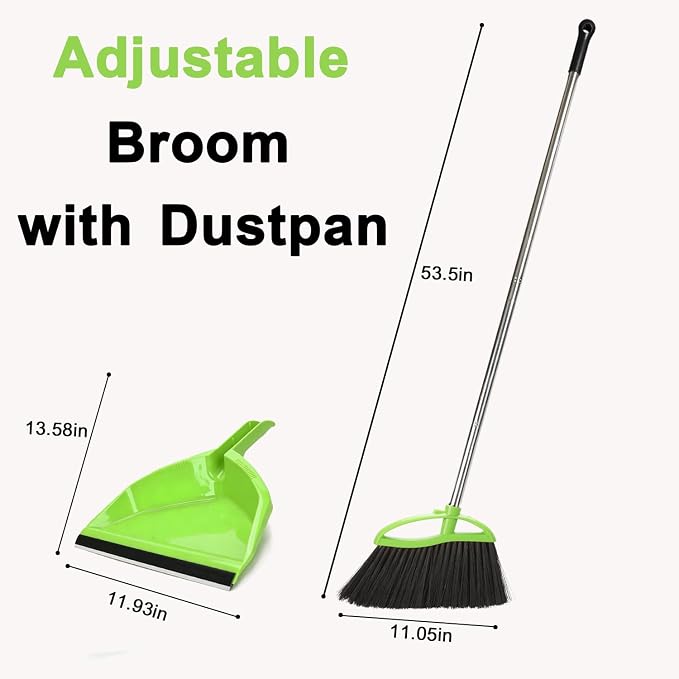 Soft Bristle Broom and Dustpan Combo Set, Long Handle Indocor Broom with Dustpan Set for Kitchen Hardwood Room Office and All Household Floor Cleaning (Green)
