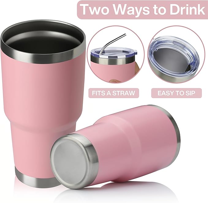 MEWAY 30oz Insulated Tumbler With Lids and Straws,Stainless Steel Double Vacuum Coffee Tumbler Cup, Brush, Durable Powder Coated Coffee Cup for Cold & Hot Drinks, Office, Travel(Pink,8 PACK)