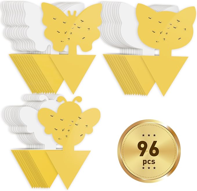 96 Pack Fruit Fly Traps for Indoor Outdoor, 3 Shapes Yellow Sticky Bug Traps, Double-Side Fungus Gnat Killer for Houseplants, Mosquitos, Flying Insects