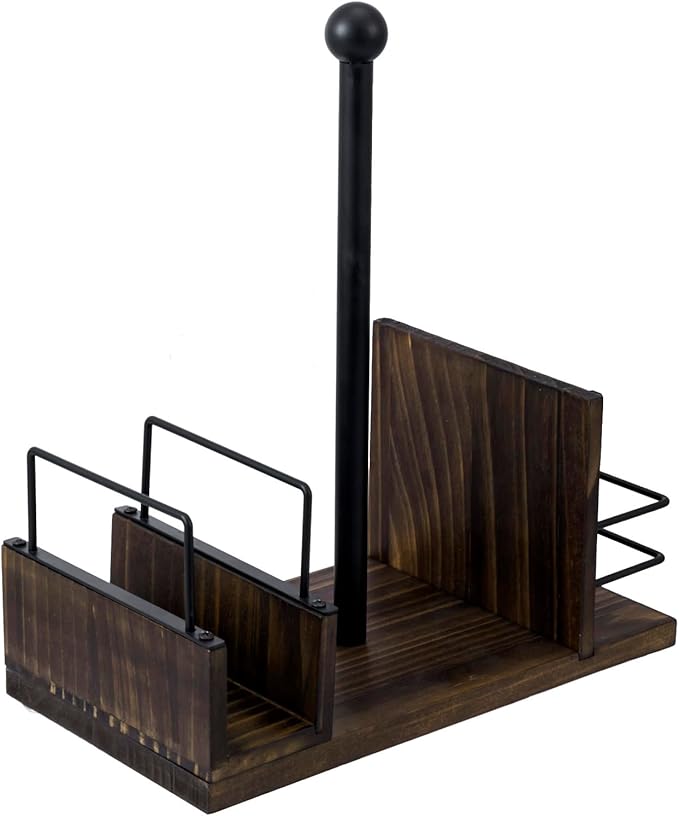 MyGift Rustic Burnt Solid Wood and Industrial Matte Black Metal Dining Combination Caddy with Paper Towel Roll Dispenser Stand, Napkin Holder, and Spice Rack
