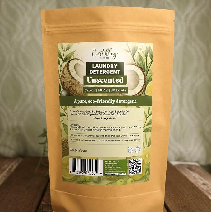 Earthley Wellness Laundry Detergent, Gentle on Sensitive Skin, Bromelain, Safe for Baby Clothes & Cloth Diapers, Eco-Friendly, Pineapple Enzyme to Fight Stains (90 Loads, Unscented)
