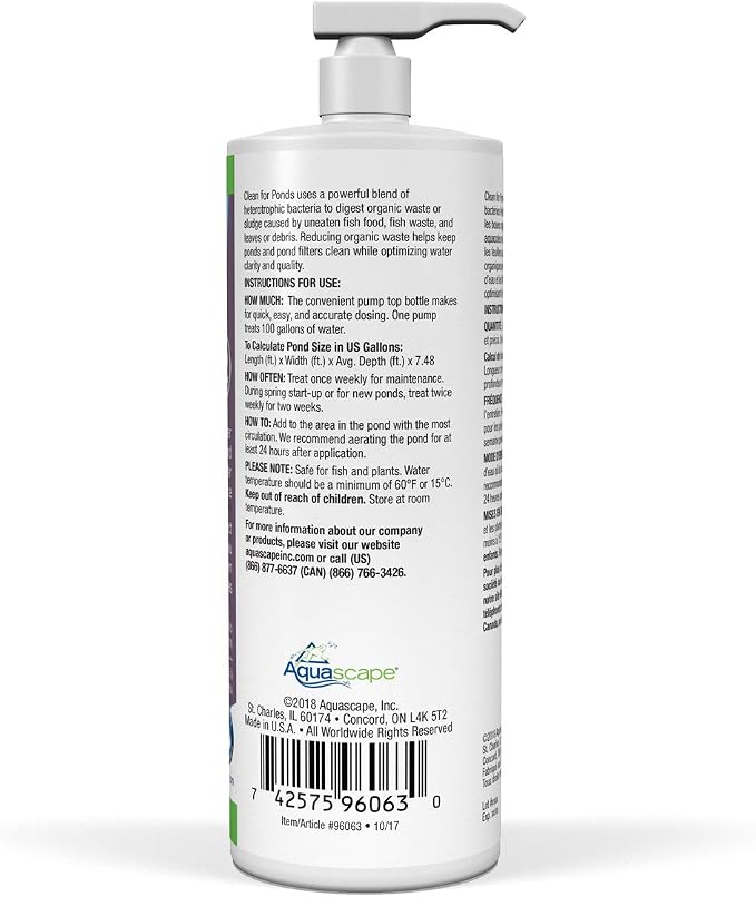 Aquascape Clean Water Treatment for Koi and Fish Ponds, Optimize Water Clearity and Quality, Easy to Use, Powerful Blend of Heterotrophic Bacteria, 32 Ounce / 946-ml, 96063
