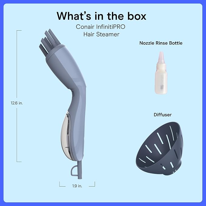 Conair InfinitiPRO Steam Therapy Curl Refresher Hair Steamer | Gentle Steam Therapy Revives Flat or Dry Natural, Coily, and Curly Hair, Blue, S03L