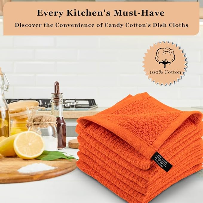 Dish Cloths|Kitchen Dish Towels Two-sided Waffle Terry|12x12 Inches 100% Cotton|Super Absorbent Reusable Quick Drying|Orange 6-Pc Set