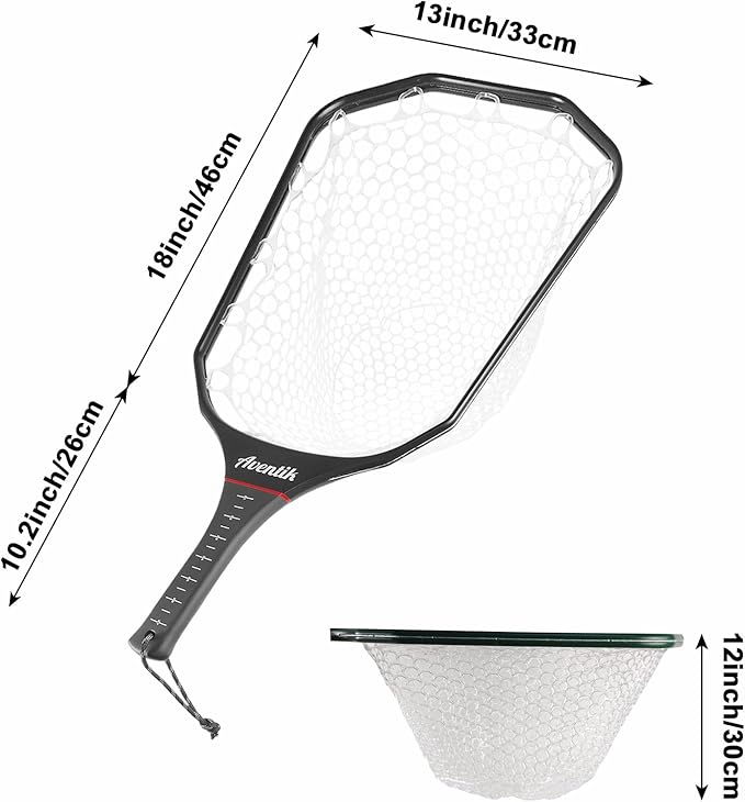 Aventik Floating Fly Fishing Net Carbon Fiber Square Landing Net with Accurate Measuring Handle Clear Rubber Ghost Mesh for Professional Trout Fishing Catch & Release