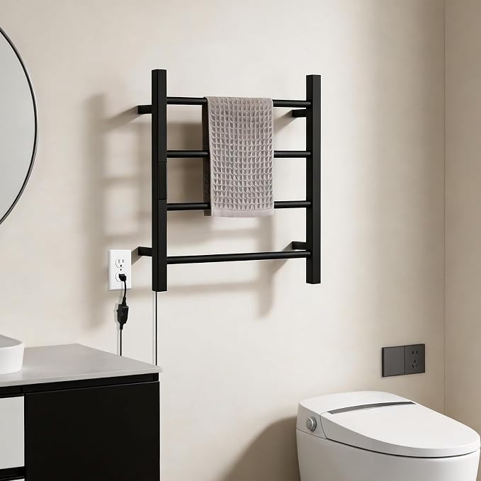 Heated Towel Racks for Bathroom, Hot Towel Warmer 4 Bars with 24hr Timer Stainless Steel Wall Mounted Electric Towel Warmers for Bathroom (Black, 4-Bar)