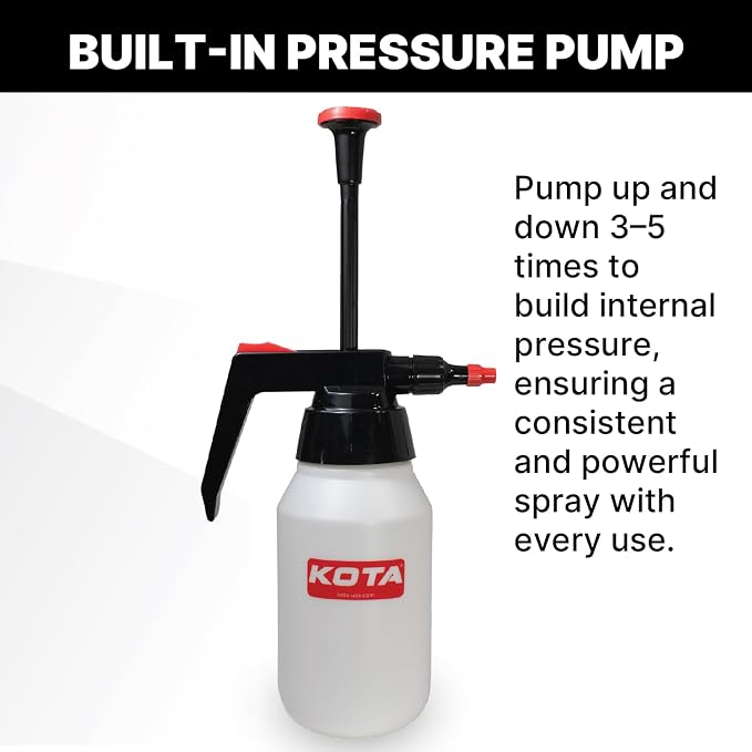 KOTA 1 L Adjustable Hand Pump Pressure Sprayer, Heavy-Duty Multipurpose Bottle for Automotive Solvents, Surface Prep & Car Detailing, Chemical-Resistant PE Construction, Adjustable Spray Pattern 6990
