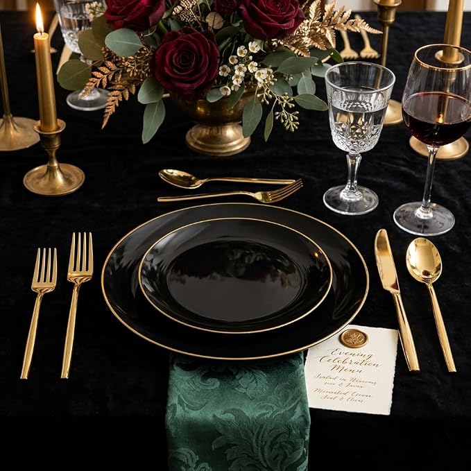 I00000 150Pcs Black Plastic Plates, Black Disposable Plates, Heavy Duty black plates for 30 Guests,Plastic Dinnerware Set Include 30 Dinner Plate,30 Dessert Plate,90 Gold Cutlery Set for Party