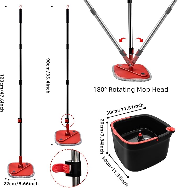 Spin Mop and Bucket with M16 Self Separation Dirty and Clean Water System with 2pads, Self Wringing 360° Rotating Clean Mop-Head and Bucket Set for Hardwood Tile Marble Floor-(Black+Red)