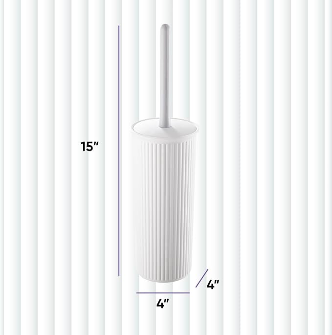 Superio Ribbed Collection - Decorative Plastic Toilet Bowl Brush and Holder Set, White (1 Pack) Cleaner Scrubber for Bathroom