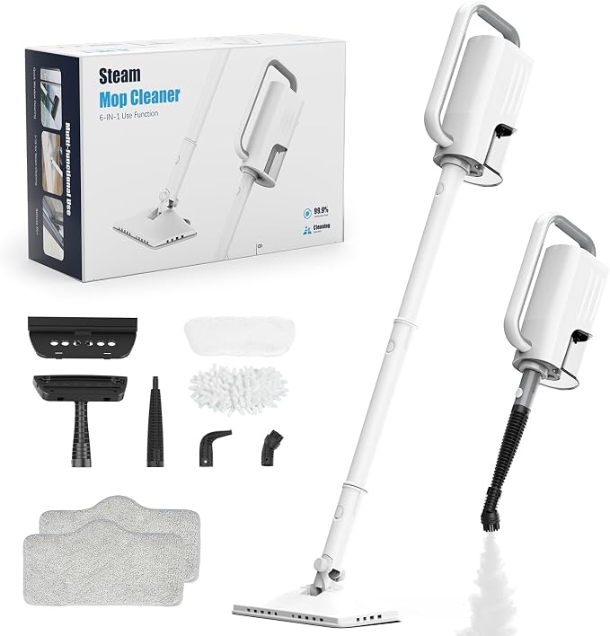 6-in-1 Steam Mop, 1200W Rotated Steam Cleaner for Home, 2 Modes, 400ML Removable Tank, 23FT Power Cord, 2 Pads, Multi-Surface Steamer for Hard Floor, Laminate Floor, Tiles Cleaning (White Silk)