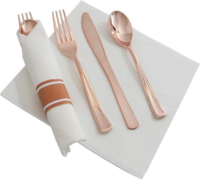 Supernal 30 Pack Pre Rolled Rose Gold Plastic Silverware with Linen Feel Napkin, Heavy Duty Disposable Wrapped Cutlery Set for Bridal Showers, Weddings, Birthdays & 2026 Graduations