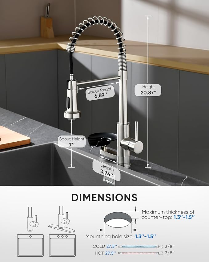 Kitchen Faucet with Cup Washer Pull Down Sprayer Stainless Steel Kitchen Sink Faucet with Deck Plate Glass Rinser Single Hole Brushed Nickel 866-3307SN