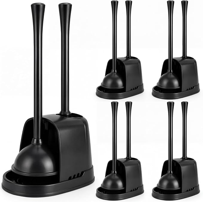 Reallnaive 4 Set Toilet Plunger and Brush Set with Ventilated Holder 2 in 1 Toilet Bowl Brush and Heavy Duty Plunger Combo Bathroom Cleaning Kit for Home and Commercial Bathrooms Drainage(Black)