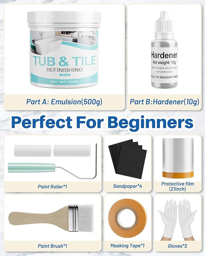 Tile Paint, 17oz Tub and Tile Paint Refinishing Kit with Tools, Easy to Use for Countertop Bathroom Bathtub Kitchen Sink, Semi-Gloss White, Low Odor，25-30sq.ft