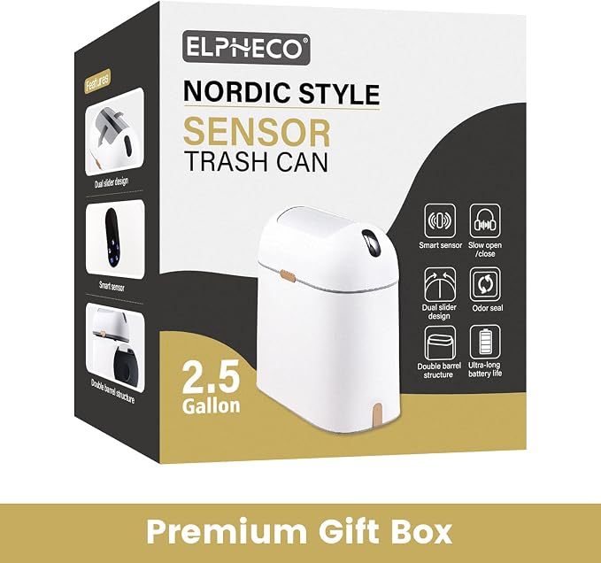 ELPHECO Bathroom Trash Can, 2.5 Gallon Motion Sensor Waterproof Trash Bin with Butterfly lid, Bathroom Decor Waste Basket Garbage Bin for Bedroom Kitchen and Office use, White with Golden Button