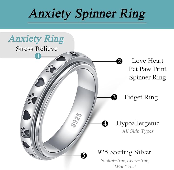 Ladytree Spinner Fidget Anxiety Ring,925 Sterling Silver Stress Relief Worry Ring,Platinum Plated ADHD Autism Jewelry,Birthday Mom Gift for Women
