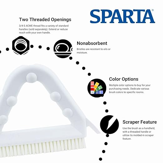 SPARTA Plastic Commercial Grout Brush, Triangle-Shaped Scrub Brush with Scraper and Two Threaded Holes for Attaching Handle (Sold Separately), 9 x 7 x 7 Inches, White, (Pack of 4)