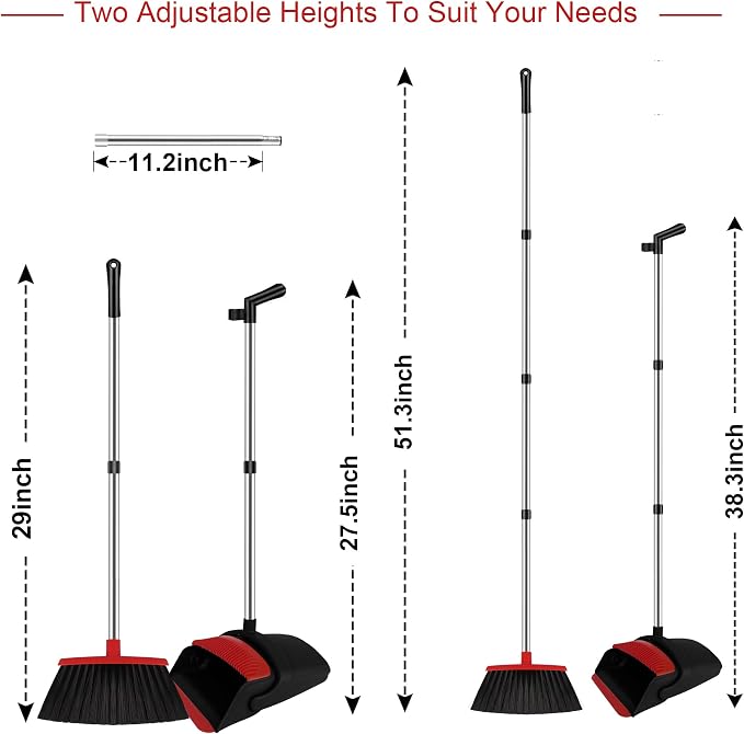 Broom and Dustpan Set for Household, Red Broom with Dustpan Combo Set, 51" Long Handle Dust pan Set for Dog Cat and Hair Clean