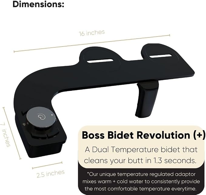 Revolution Plus (Warm Water). Bidet Attachment for toilet. Luxury design, Bidet sprayer for toilet, non electric, dual nozzle, feminine wash, self cleaning. Black Tokyo Platinum.