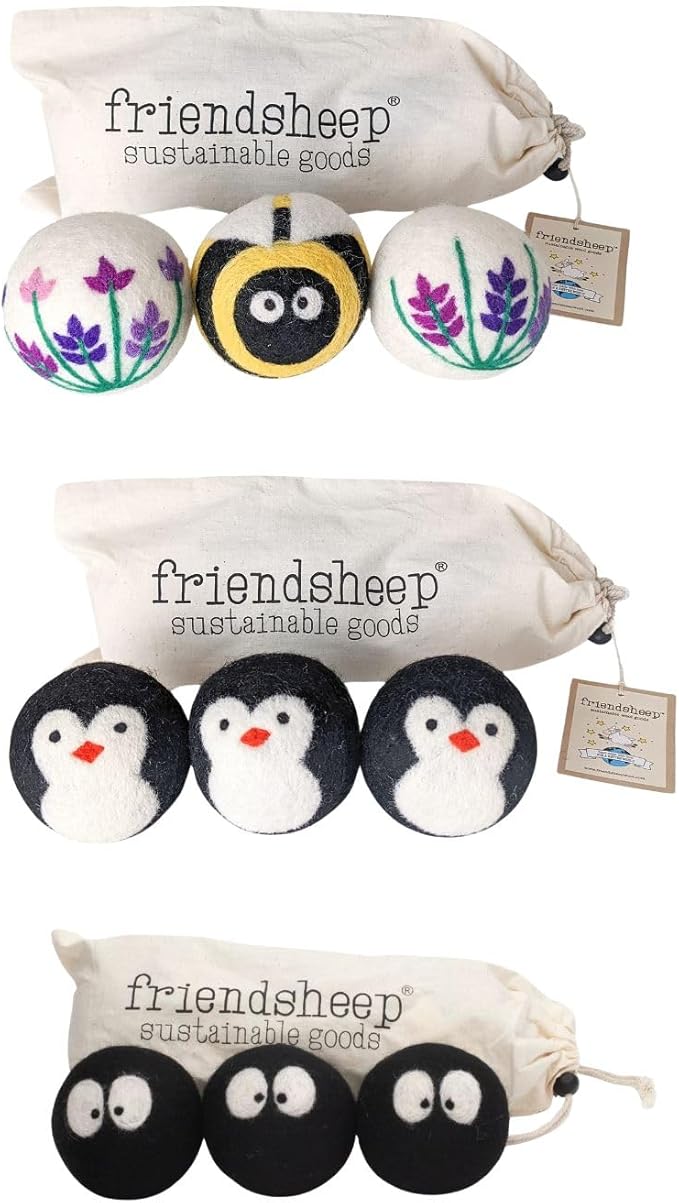 Wool Dryer Ball Bundle Lavender Fields Bee Flower + Penguin + Sprites by Friendsheep