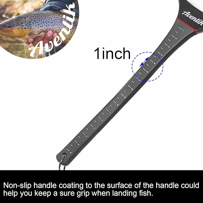 Aventik Floating Fly Fishing Net Carbon Fiber Square Landing Net with Accurate Measuring Handle Clear Rubber Ghost Mesh for Professional Trout Fishing Catch & Release
