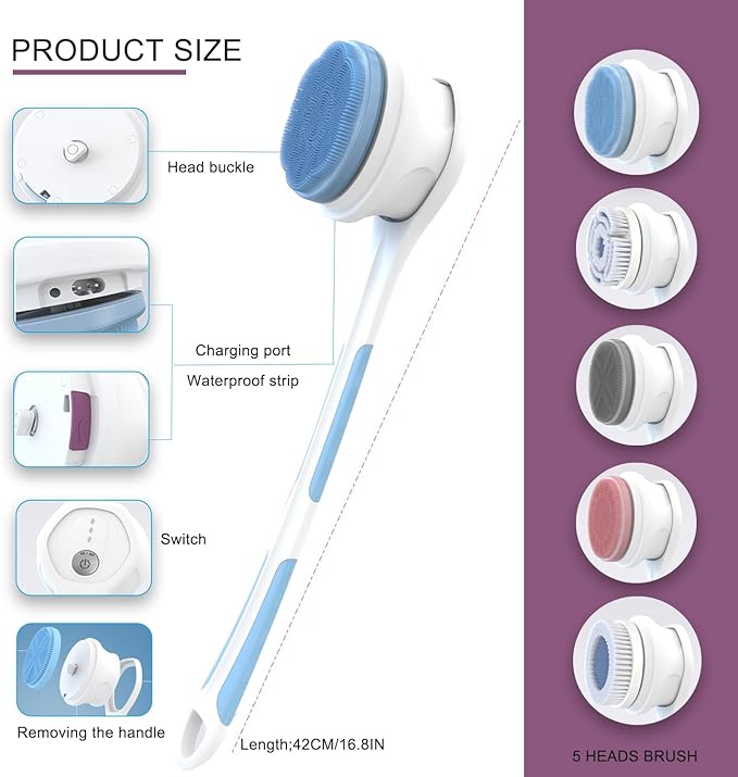 Electric Body Brush,5 Attachments Brush Heads Electric SPA Spin Scrubber for Shower Bathing Cleansing Wash Deep Cleaning with Silicone Rechargeable IPX7 Waterproof