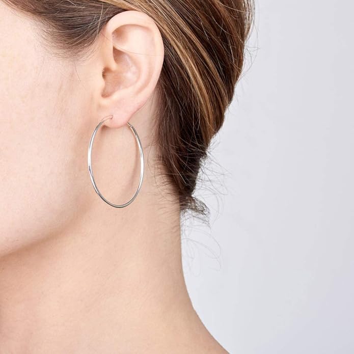 Amberta® 925 Sterling Silver Fine Circle Endless Hoops - Polished Round Sleeper Earrings Diameter Size: 20 30 40 60 75 mm