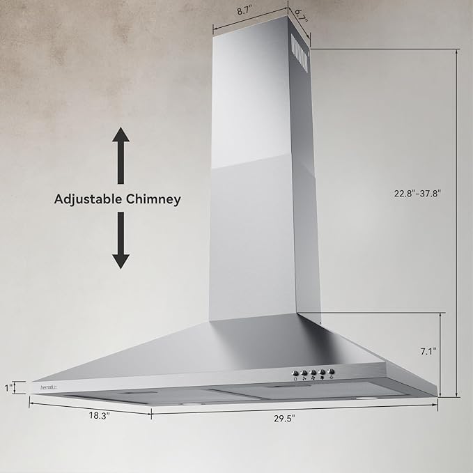 Hermitlux Range Hood 30 inch Stainless Steel, Wall Mount Vent Hood for Kitchen with Charcoal Filter, Ducted/Ductless Convertible