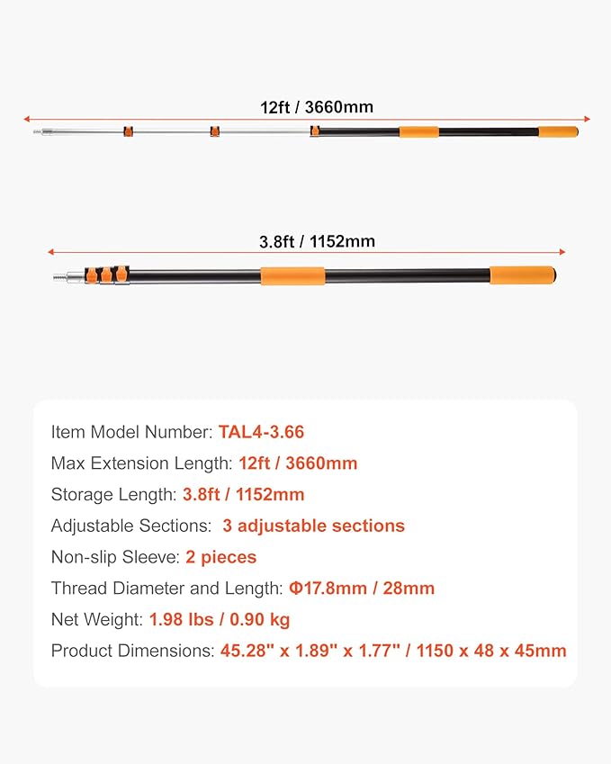 VEVOR Telescopic Extension Pole, 4-12 FT Multi-Purpose Extendable Pole, Sturdy Aluminum Alloy Paint Pole Extension with Flip-Lock Design, High Reach Roller Stick for Painting, Dusting and Cleaning