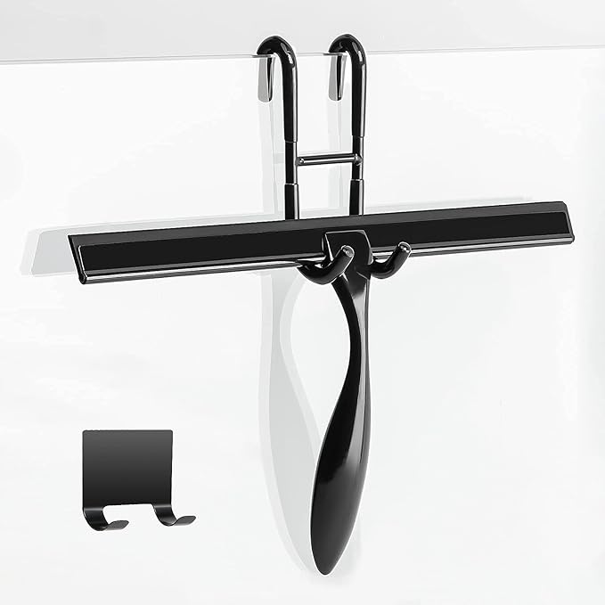 Simtive 12-Inch Shower Squeegee (Includes 1 Shower Door Hook and 1 Adhesive Hook), Shower Door Hooks (2-Pack), Both Black, 2 Item Bundle