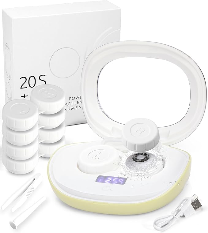 ofone Contact Lens Cleaner, Ultrasonic Contact Lens Cleaning Machine with USB Charger, Timer Display and 5 Contact Solution Cases Kit Replacement for Soft Hard Colored RGP Lenses (Avocado Green)