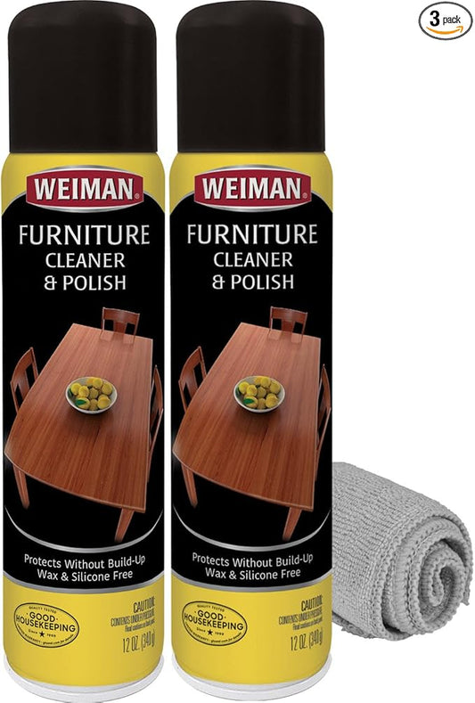 Weiman Wood Furniture Cleaner & Polish - Cleans, Shines & Protects Finished Wood Surfaces - 2 PACK with MicroFiber Cleaning Towel Included