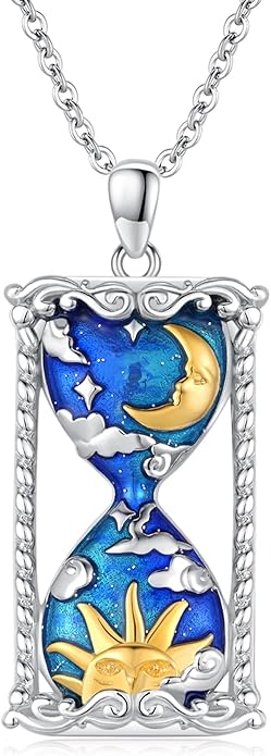 Hourglass Necklace 925 Sterling Silver Sun Moon Star Time Hourglass Pendant Necklaces Blue Memorial Jewelry for Women With 18+2 In Chain